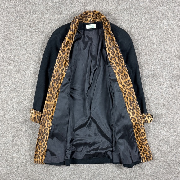 Vintage Black Open Front Wool Coat Leopard Fur Trim Women’s XL Mid Length Retro - Picture 5 of 16